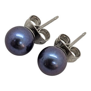 Genuine Black Pearl Stud Earrings 14K White Gold Posts Classic Round Pearl